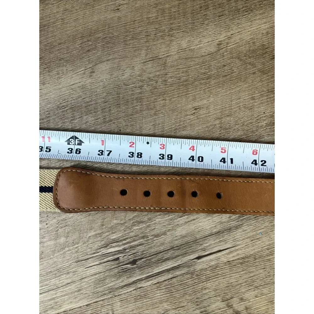 LL Bean Stretch Leather Belt Khaki Navy Stripe Woven Mens 38-40 Silver Buckle